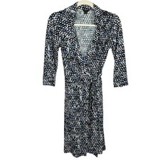 Ann Taylor women’s wrap dress 0 office night out mature blue black white midi