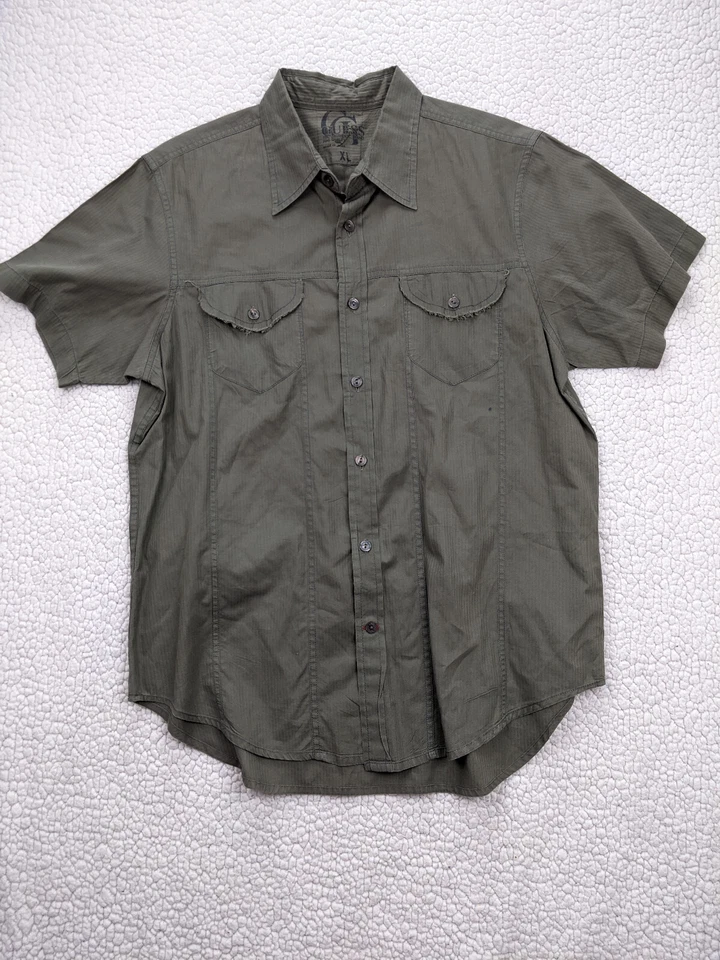 Guess Men XL Olive Green Biker Tattoo Embroider Distress Button Shirt - Image 2 of 4