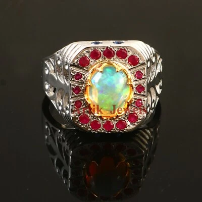 Natürlich Opal & Heizbar Rubin Edelstein Mit 925 Sterlingsilber Ring für Herren - Bild 1 von 4