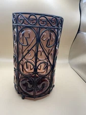 Handblown Pink Glass/Black Wrought Iron caged Candleholder Vase 9” Footed MCM