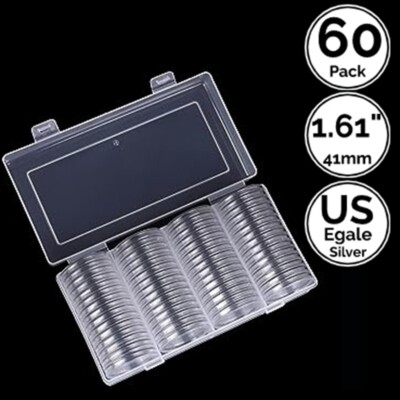 60 Pack 1.61 IN 41 mm Round Coin Capsule Holders w/ Case Fit US Silver Eagle
