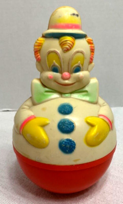 Roly Poly Rattle Wobble Clown 7  Tall X 3.5'' Wide Vintage 1977 Sanitoy Plastic