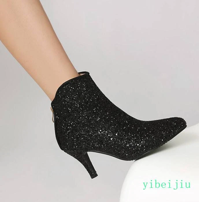 Botines Tacón Gatito Para Mujer Lentejuelas Brillantes Zapatos Gran Tamaño Fiesta Punta Foto 4 de 4