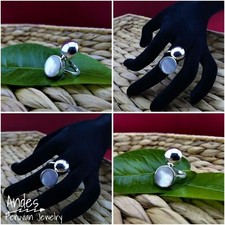 Handmade peruvian ring 950 silver w/circular white nacre wrought design Sz 6.5-8