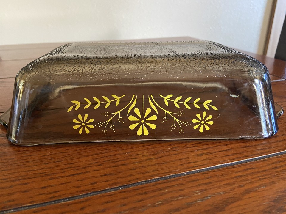 Vintage Glasbake Smokey Gray Glass Bread Loaf Pan Yellow Daisies 9” eBay