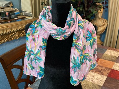 NEW Women's Bright Colorful Tropical Pink Green Palm Trees Sheer Scarf 63'' x 14''