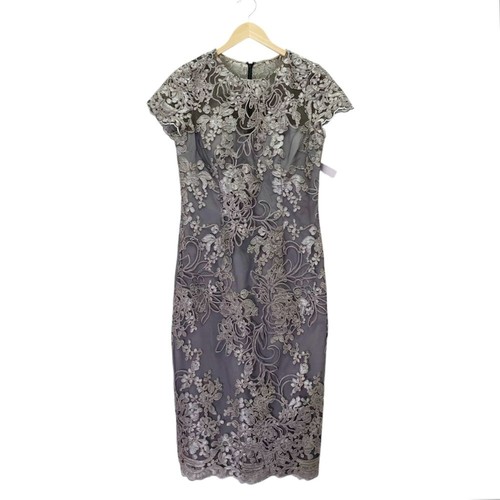 NWT JS Collections Size 8 Lace Embroidered Sheath Dress Taupe Illusion Overlay - Picture 2 of 14