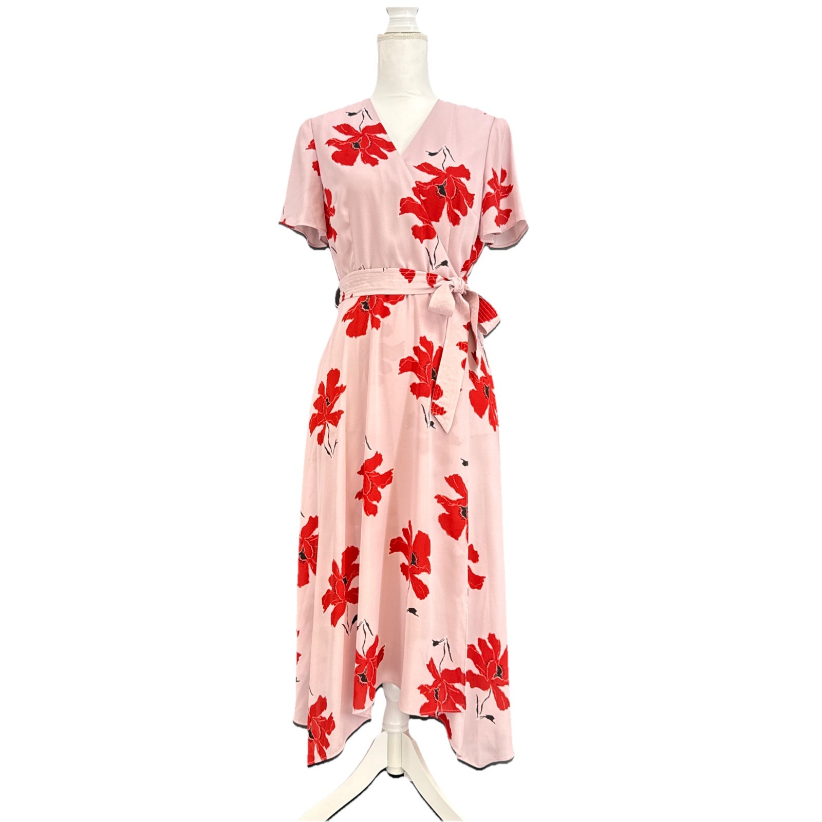 Alfani Women’s Floral Wrap Midi Dress Blush Pink Red Short Sleeve Size 8
