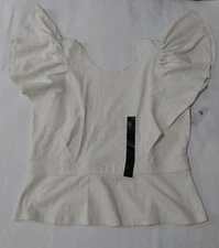 Banana Republic Womens L Beige Ribbed Slub Top Blouse Flare Short Sleeves ~ New