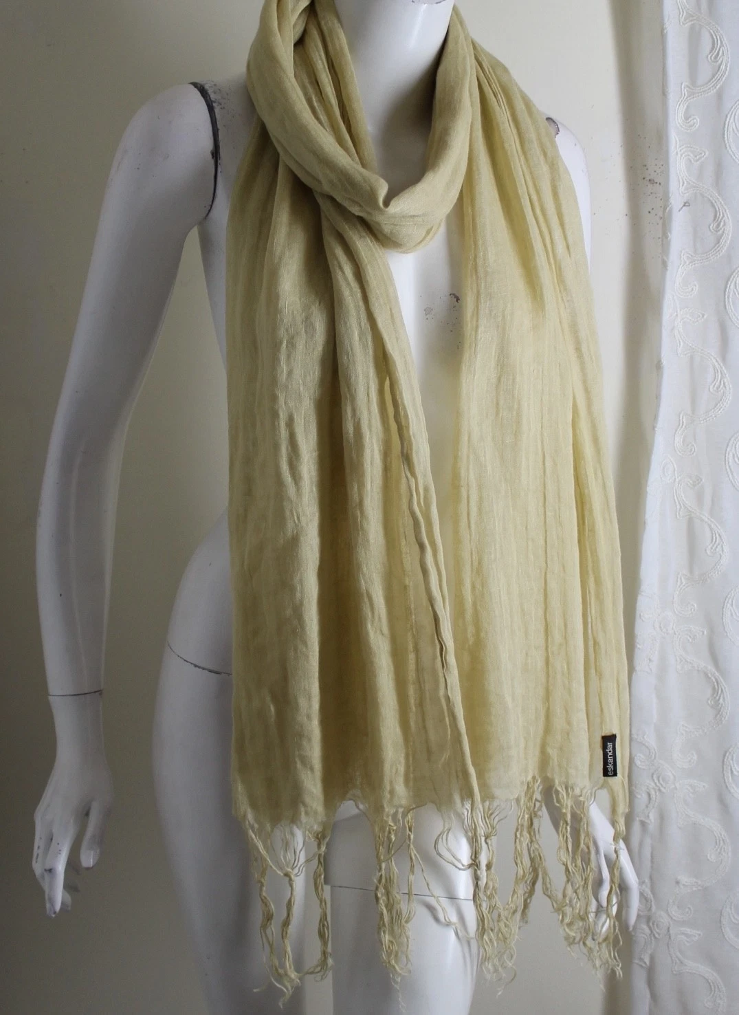 Eskandar BEIGE NATURAL SANDSTONE Crinkled Linen Gauze Shawl Wrap Scarf