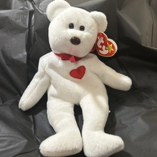 TY Beanie Baby Valentino the White Bear W/Red Heart Brown Nose