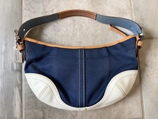 Vintage Coach White  Canvas Blue Leather Trim Hobo Purse Handbag Daisy 4431