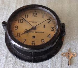 ANTIQUE SHIP CLOCK CHELSEA CLOCK CO US MARITIME COMMISSION WORKING W/ KEY