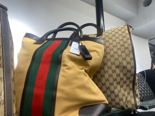 GUCCI Sherry Line Tote Hand Bag Leather Canvas Brown Beige Silver Hardware Japan