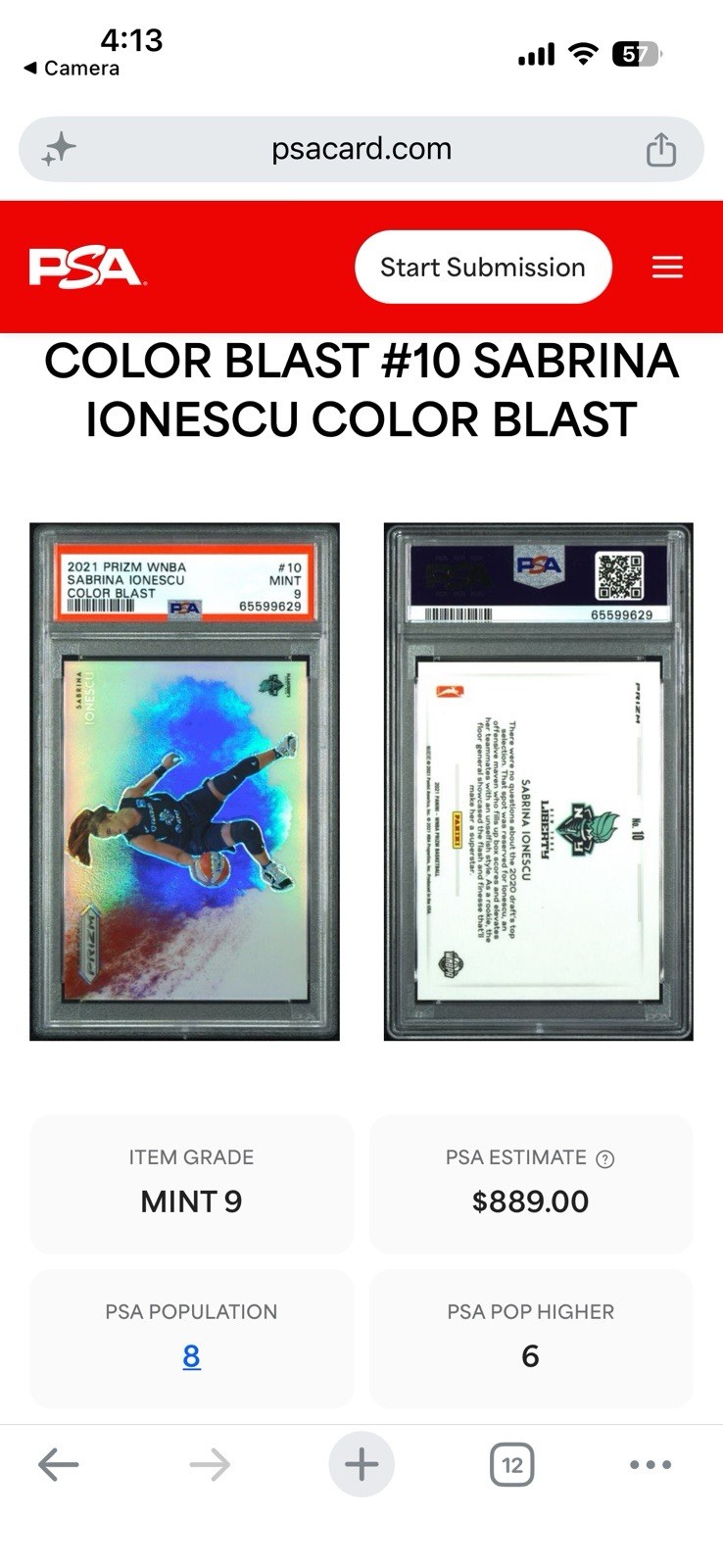 2021 Panini Prizm Sabrina Ionescu Color Blast WNBA PSA 9 - POP 8! #10 RARE view 6