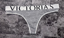 NWOT VICTORIA'S SECRET GRAY WHITE THICK EXPLODED LOGO WAISTBAND THONG PANTIES
