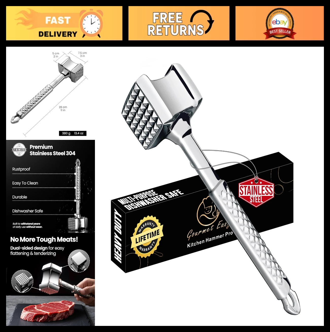 Premium Stainless Steel Meat Tenderizer Tool - Dual-Sided Mallet for Steak & Pou