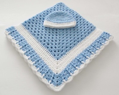 Blue w/White Soft Cuddly Crocheted Washable Baby Blanket &Bonus Hat Gift 35x35