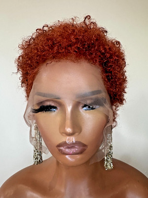 Full Lace Curly Afro Pixie Cut Perücke Echthaar Copper Auburn 180% Density Medium