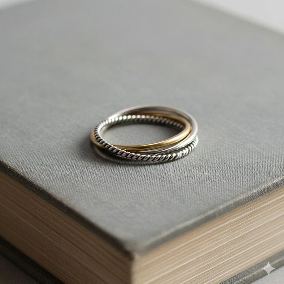 Triple ring set gold band, silver band, and rope twist ring perfect for everyday - Image 2 of 4