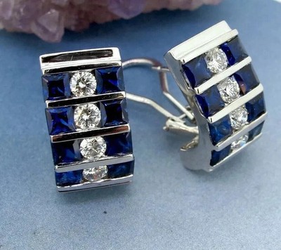 3.15Ct Lab Created Sapphires Princess Cut 14k White Gold Plated Diamond Earrings