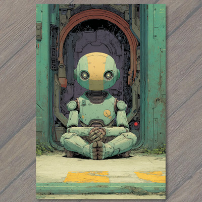 Art Print Meditative Robot Seated Industrial SciFi Machinery Portal Interior