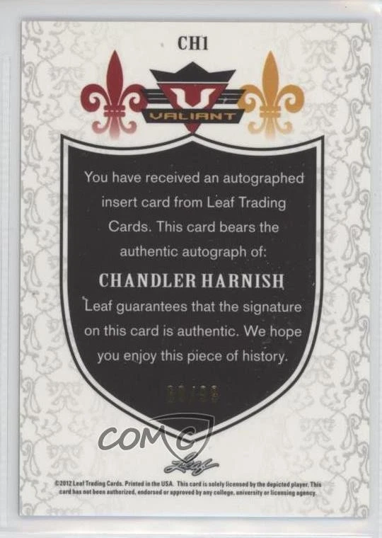 2012 Leaf Valiant Blue /99 Chandler Harnish #CH1 Rookie Auto RC - Image 2 of 2