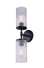KINSLEA 2-Light Wall Sconce, Matte Black Finish, Clear Ribbed Glass
