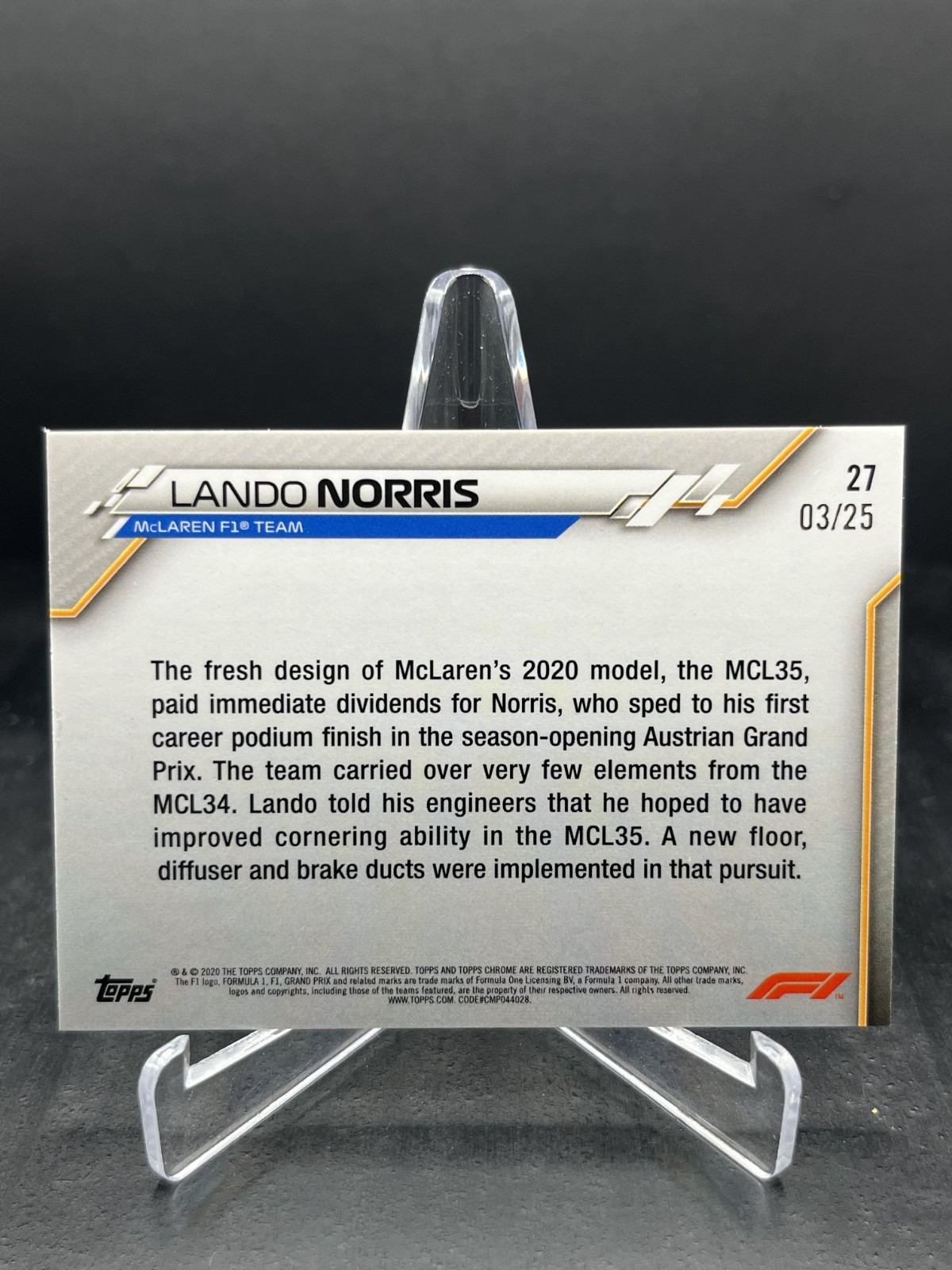 2020 Topps Chrome Formula 1 F1 Lando Norris RC Rookie Orange Refractor 03/25 #27 view 2