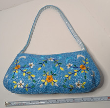 11" Light Blue Beaded Floral Evening Bag Clutch Zip Closure