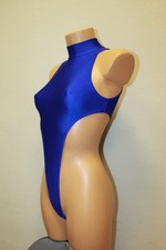 Women Thong Leotard 204-10 High Collar Open Thig Royal Blue Spandex Size M