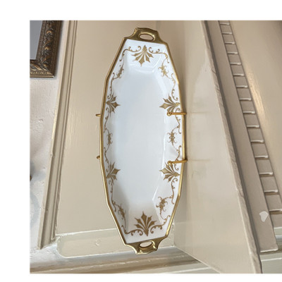 LS&S Limoges Porcelain Candy Dish Oval Floral Gold Trim Handles France