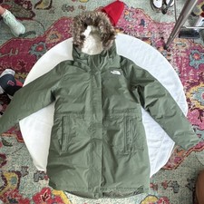 The North Face Girls Green XL Hooded Down Long Parka Coat Fur Trim