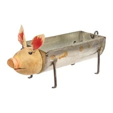 Primitive  Recycled Metal PIG FIGURE PLANTER Basket Container