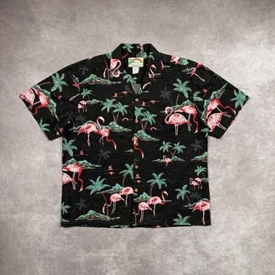 Vintage 90s Paradise Found Aloha Shirt Sz L Hawaii Flamingo Palm Print Tropical