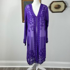 Lew Magram Purple Sheer Embroidered Duster - SIZE L Festival Boho Lace Retro