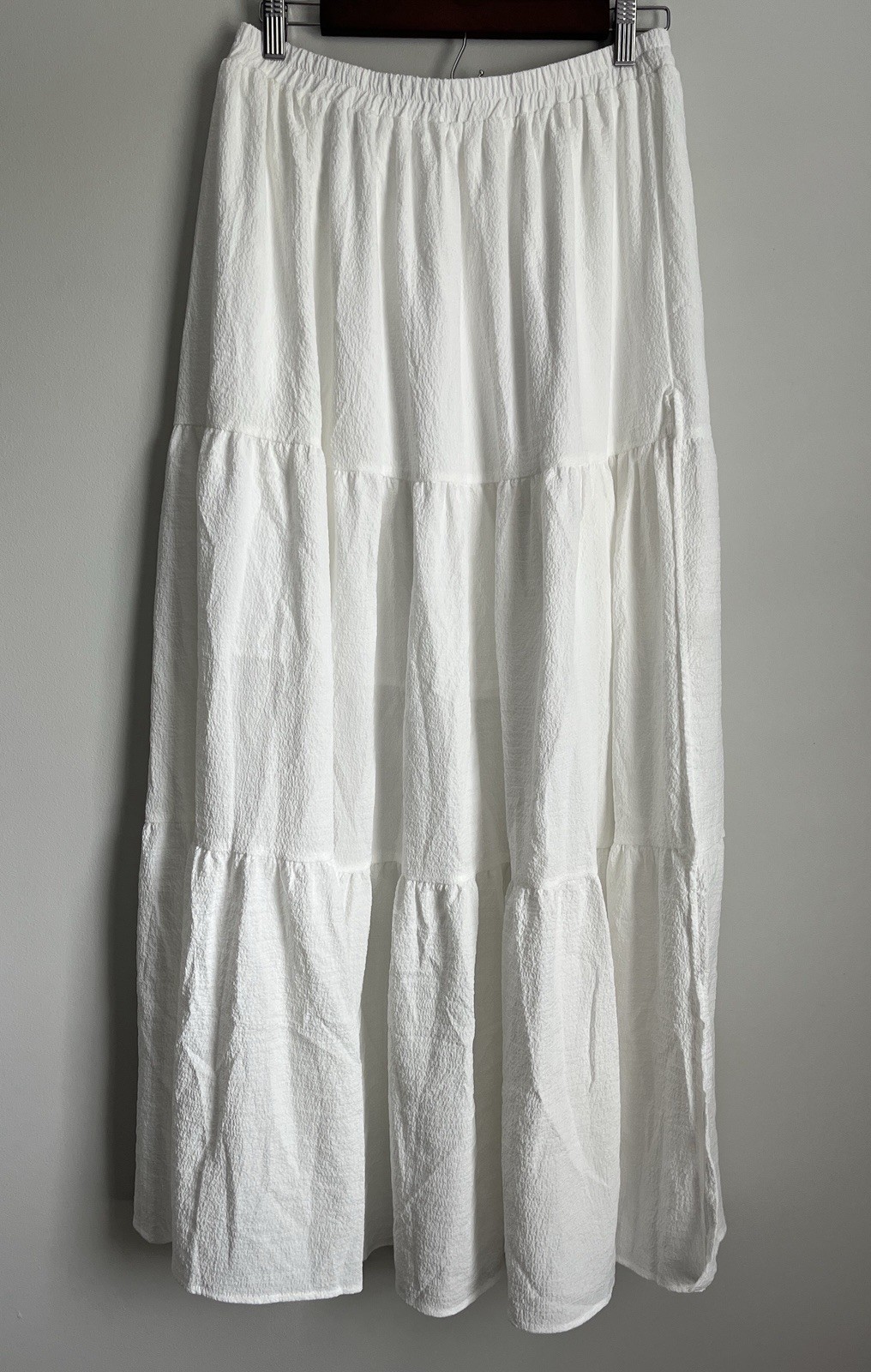 Shein Womens White Tiered Boho Skirt with Side Slit Elastic Waist Size L 8/10