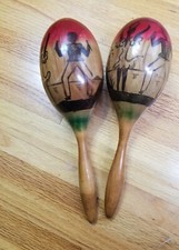 Pair of Beautiful Wooden Maracas Red Dancers Painted 11"