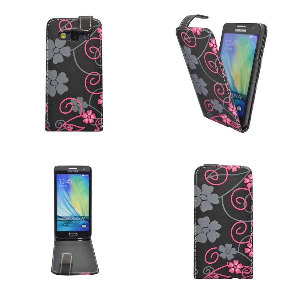 CASE FOR SAMSUNG GALAXY A3 FLIP PU LEATHER PINK FLOWER SWIRL POUCH PHONE COVER - Image 2 of 4