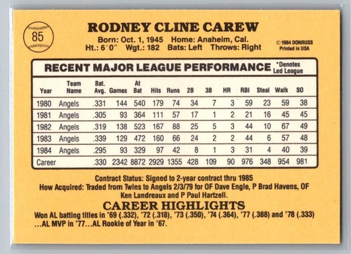 1985 Donruss Rod Carew #85 - Picture 2 of 2