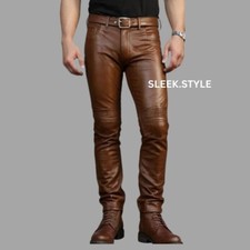 Mens Lambskin Leather Pants Slim Fit Rider Business Wear Classic Brown Pants
