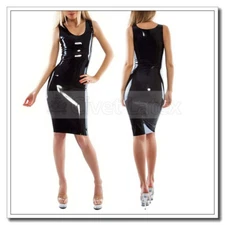 Latex Classic Bodycon Sexy Black Knee Length No Zip Sleeveless Dress 0.4mm D234