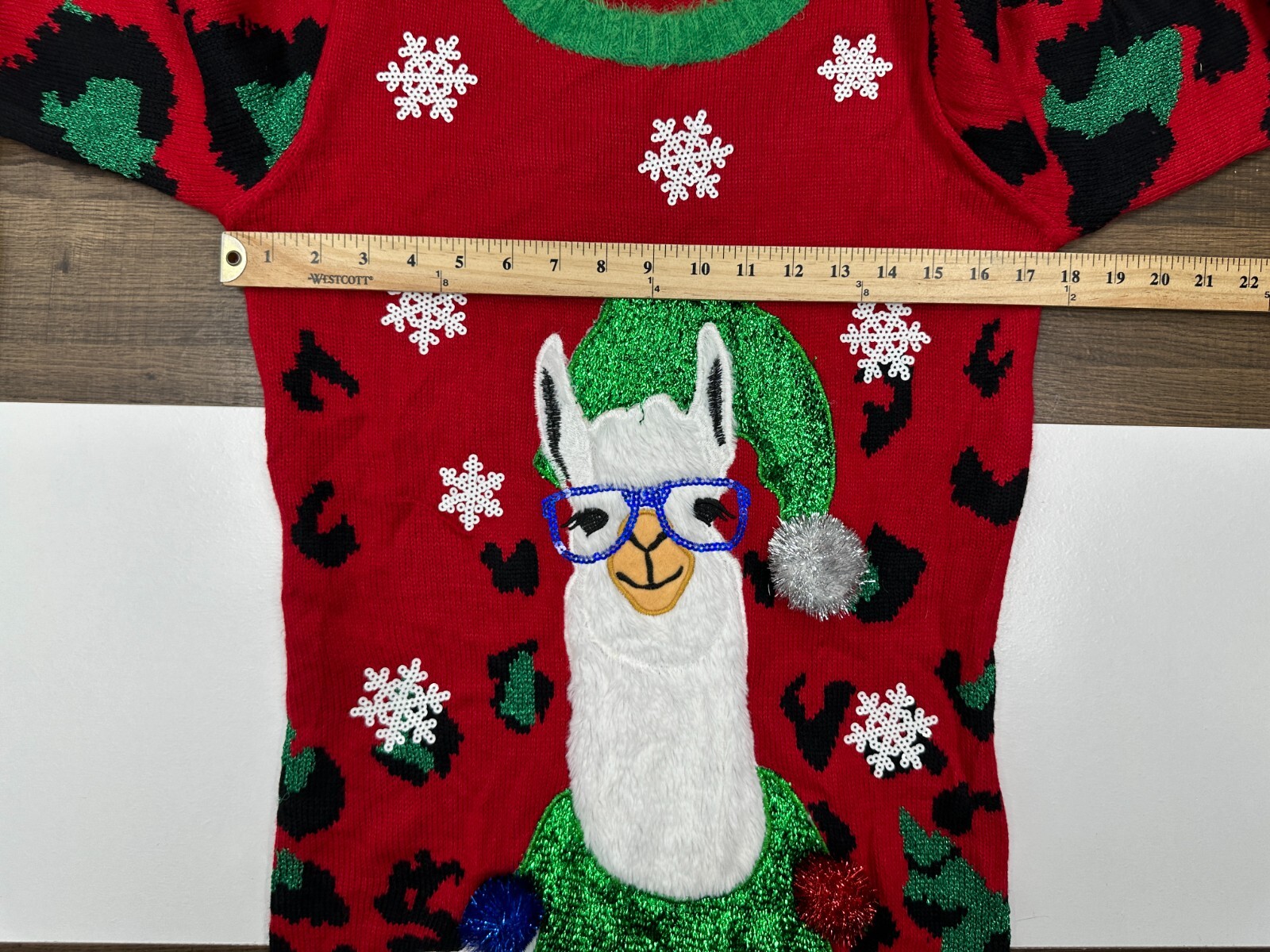 33 Degrees Womens XS Red Fuzzy llama Christmas Pom Funny Long Sweater