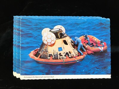 Postcard July 20, 1969 Astronauts on Spacecraft & Life Raft APOLLO 11 Moon Landi