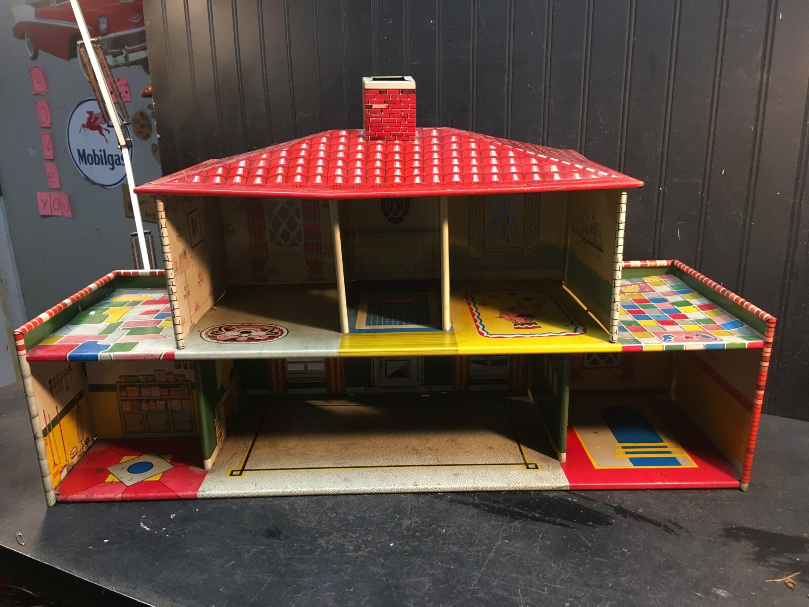 Vintage Metal Doll House 6 Room Tin Litho Mid Century 2 Story 1940s