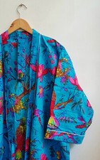 Cotton Robe Long Kimono Sleepwear Indian Turquoise Bird Print Night Suit Kimonos
