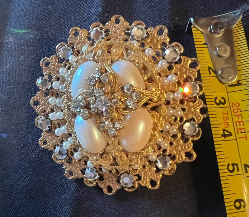 VINTAGE STANLEY HAGLER BEADED FAUX PEARL RHINESTONE STATEMENT BROOCH PIN