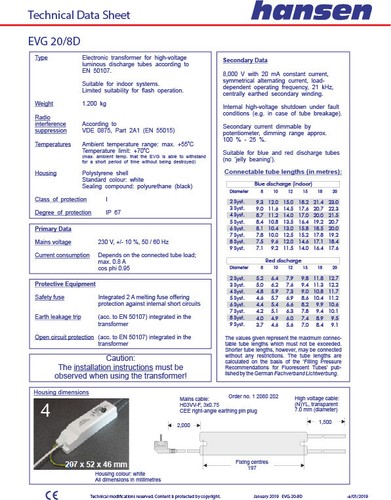 Hansen Electronic Neon sign convertor, EVG20/8ELD, 8000 volt, 20 mA. Not Chinese - Picture 2 of 2