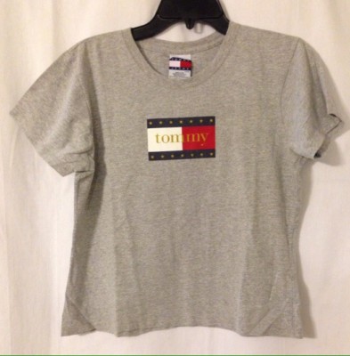 Tommy Jeans Hilfiger Color Bar Logo Women's Gray Crop Top T-Shirt Large USA