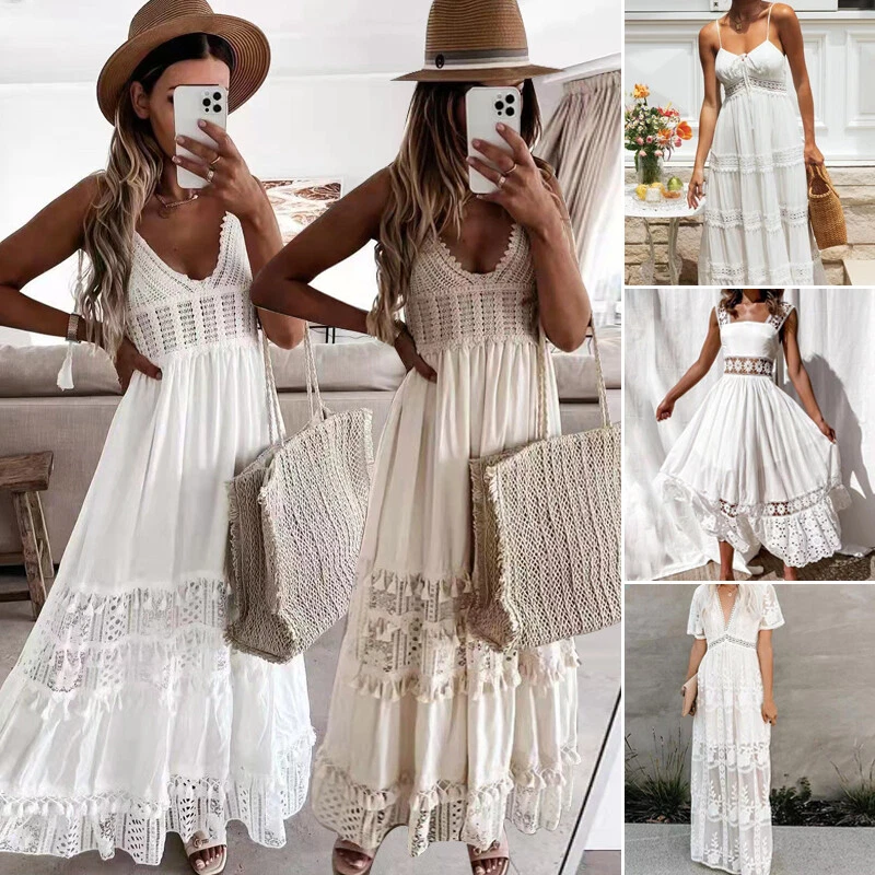 Women's Boho Lace Long Maxi Dress Deep V Neck Summer Holiday Strappy Sundress
Opens in a new window